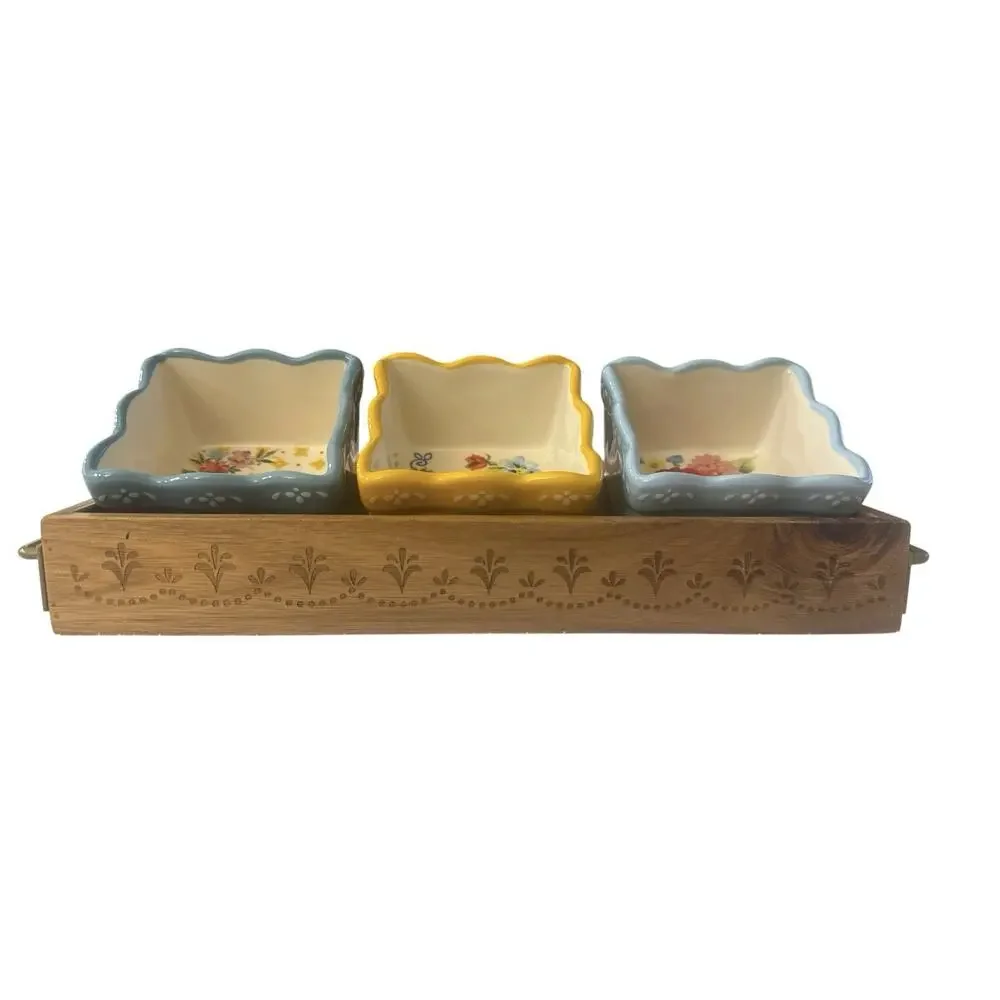 Pioneer Woman Condiment Set w/Wood Tray 3 Floral Medley 3 Stoneware Bowls